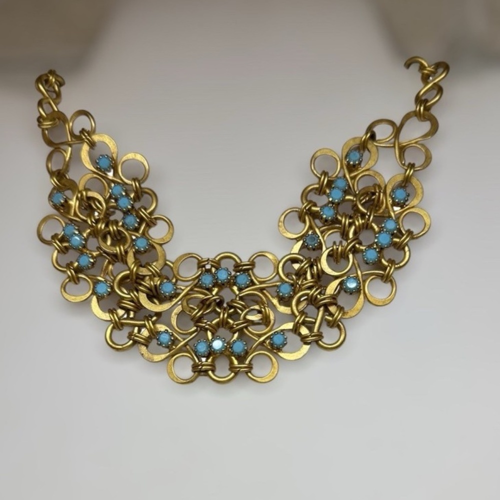 Statement Necklace, Gold Metal, Blue Stones, Hook Closure.!